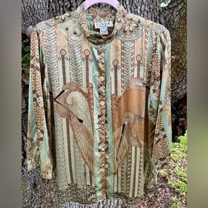 Vtg.Citron Santa Monica-Art Nouveau 100% Silk bird motif retro blouse.Size M